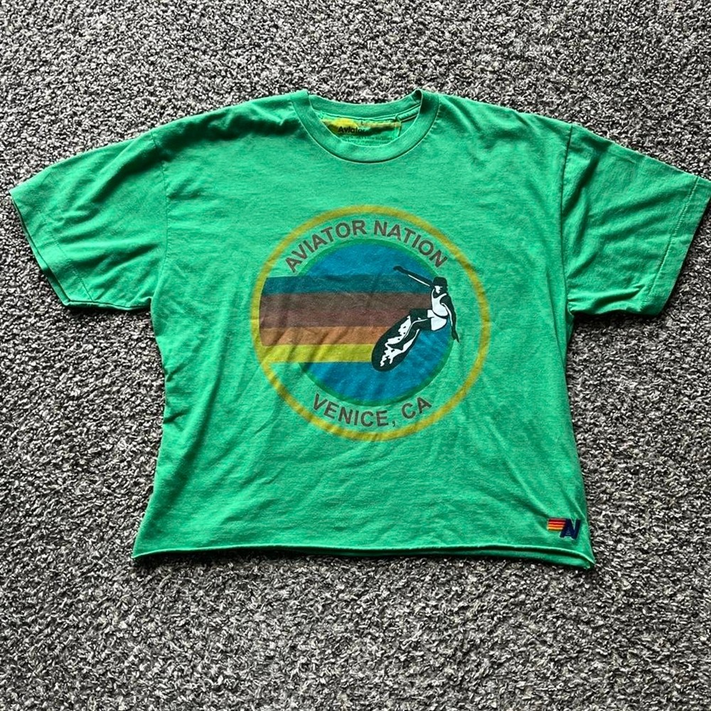 Aviator Nation Venice CA Surfer Graphic Crop T-Shirt Green Womens Large